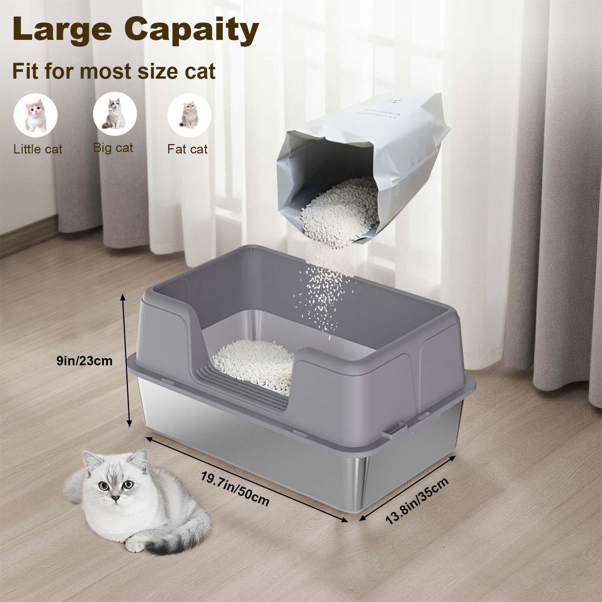 Miniatuur van productfoto 3 van RVS kattenbak - Extra grote metalen kattenbak met hoge randen - geurcontrole - antislip pootjes & schepje - makkelijk te reinigen - 50x35x23 cm - Grijs