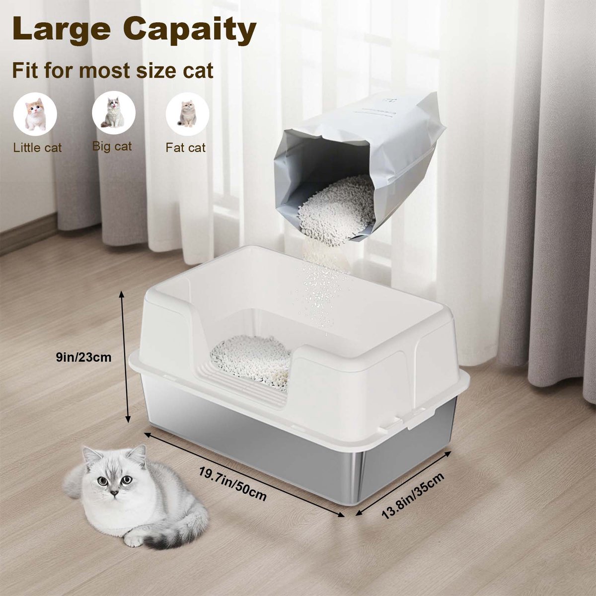 Miniatuur van productfoto 3 van RVS kattenbak - Extra grote metalen kattenbak met hoge randen - geurcontrole - antislip pootjes & schepje - makkelijk te reinigen - 50x35x23 cm - wit