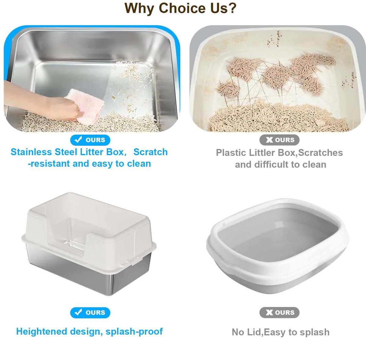 Miniatuur van productfoto 5 van RVS kattenbak - Extra grote metalen kattenbak met hoge randen - geurcontrole - antislip pootjes & schepje - makkelijk te reinigen - 50x35x23 cm - wit
