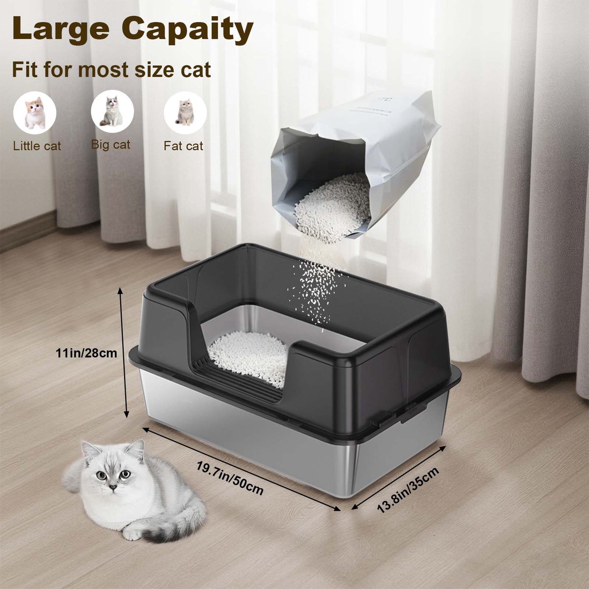 Miniatuur van productfoto 3 van RVS kattenbak - Extra grote metalen kattenbak met hoge randen - geurcontrole - antislip pootjes & schepje - makkelijk te reinigen - 50x35x28 cm - Zwart