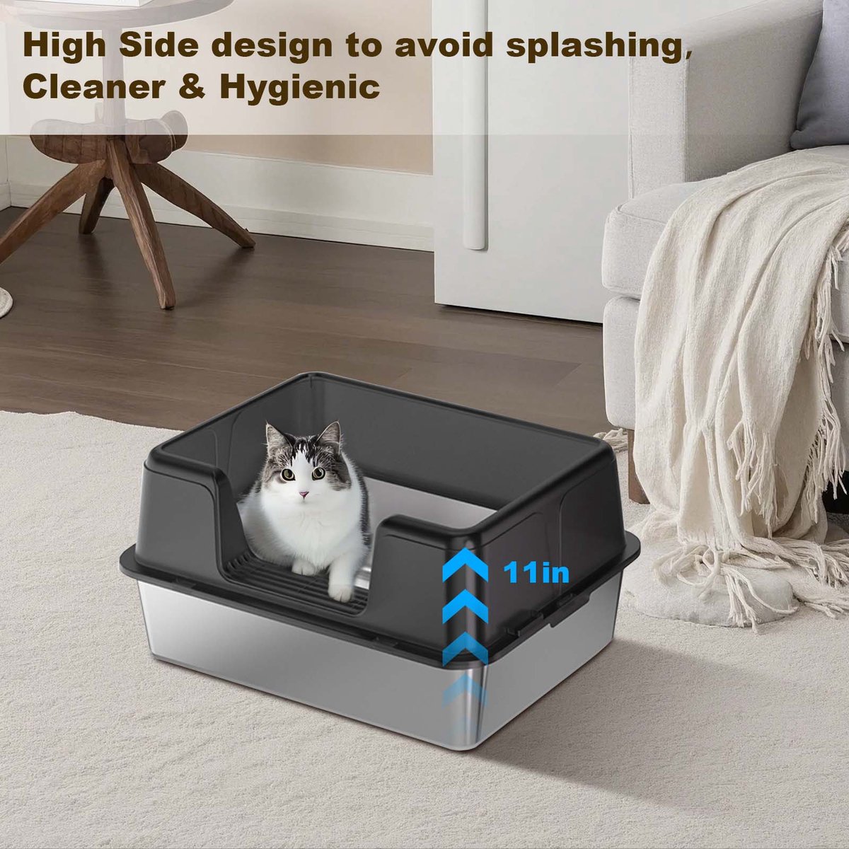 Miniatuur van productfoto 5 van RVS kattenbak - Extra grote metalen kattenbak met hoge randen - geurcontrole - antislip pootjes & schepje - makkelijk te reinigen - 50x35x28 cm - Zwart