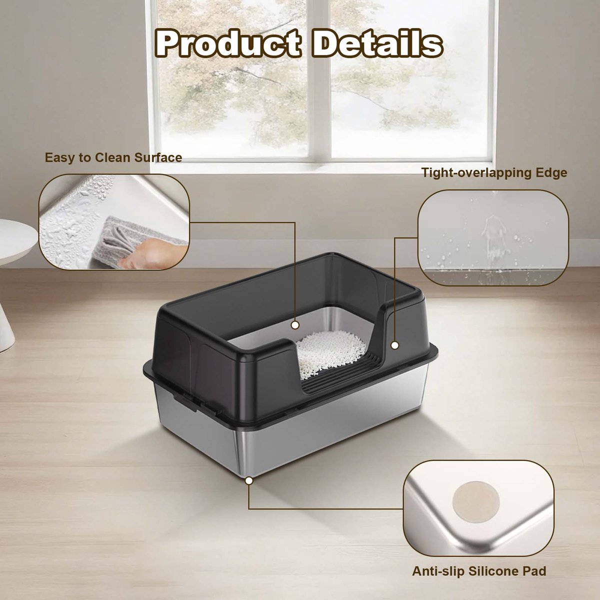 Miniatuur van productfoto 6 van RVS kattenbak - Extra grote metalen kattenbak met hoge randen - geurcontrole - antislip pootjes & schepje - makkelijk te reinigen - 50x35x28 cm - Zwart