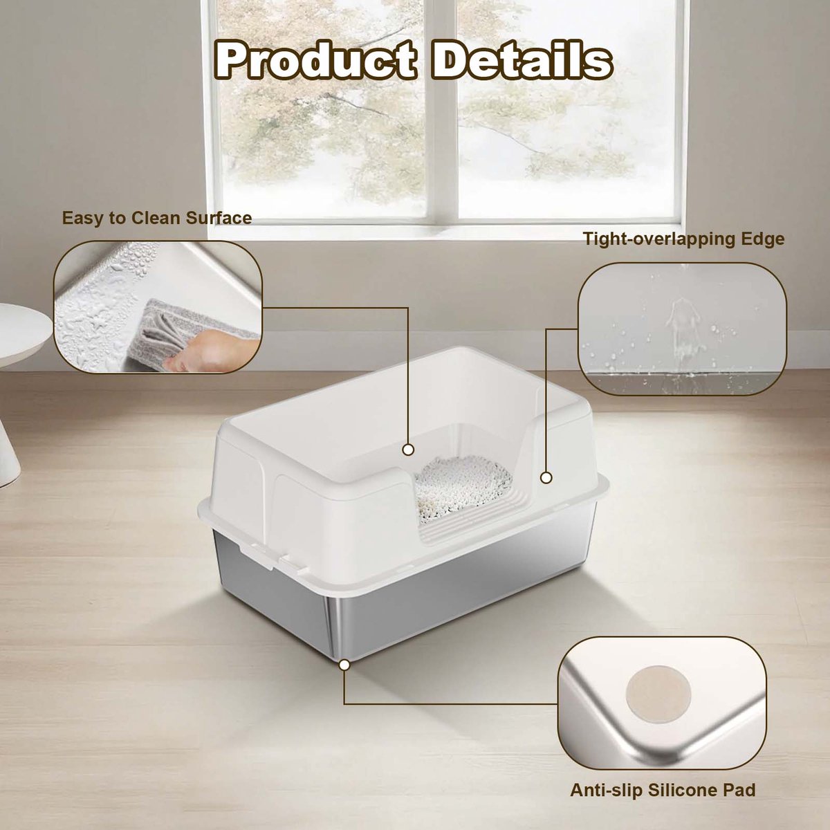 Miniatuur van productfoto 5 van RVS kattenbak - Extra grote metalen kattenbak met hoge randen - geurcontrole - antislip pootjes & schepje - makkelijk te reinigen - 50x35x28 cm - wit