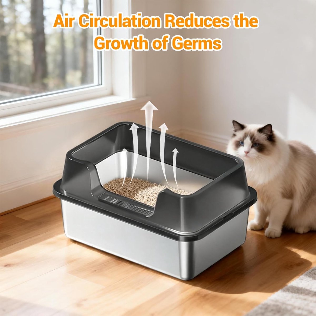 Miniatuur van productfoto 2 van RVS Kattenbak - Kattentoilet Roestvrijstaal - Open Kattenbak - Incl. Kattenbakschep met Houder en Gritopvang Opstapje - 50x35x27cm - Zwart