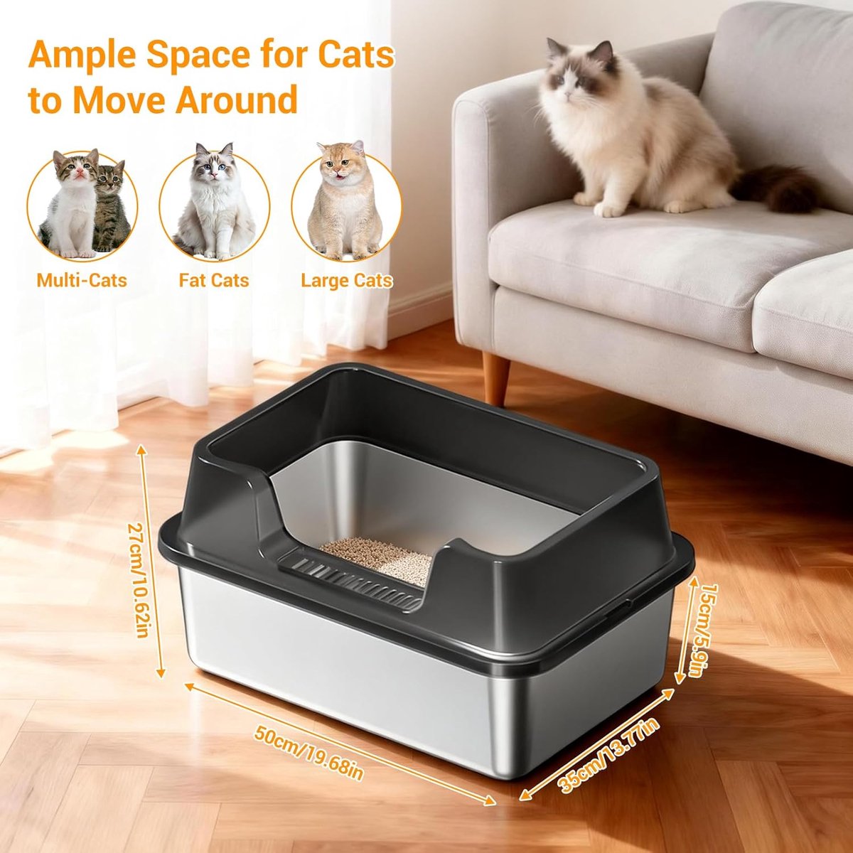 Miniatuur van productfoto 3 van RVS Kattenbak - Kattentoilet Roestvrijstaal - Open Kattenbak - Incl. Kattenbakschep met Houder en Gritopvang Opstapje - 50x35x27cm - Zwart