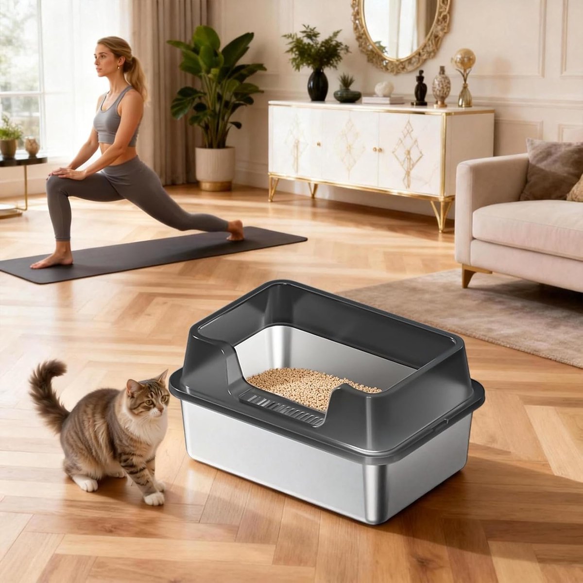 Miniatuur van productfoto 4 van RVS Kattenbak - Kattentoilet Roestvrijstaal - Open Kattenbak - Incl. Kattenbakschep met Houder en Gritopvang Opstapje - 50x35x27cm - Zwart