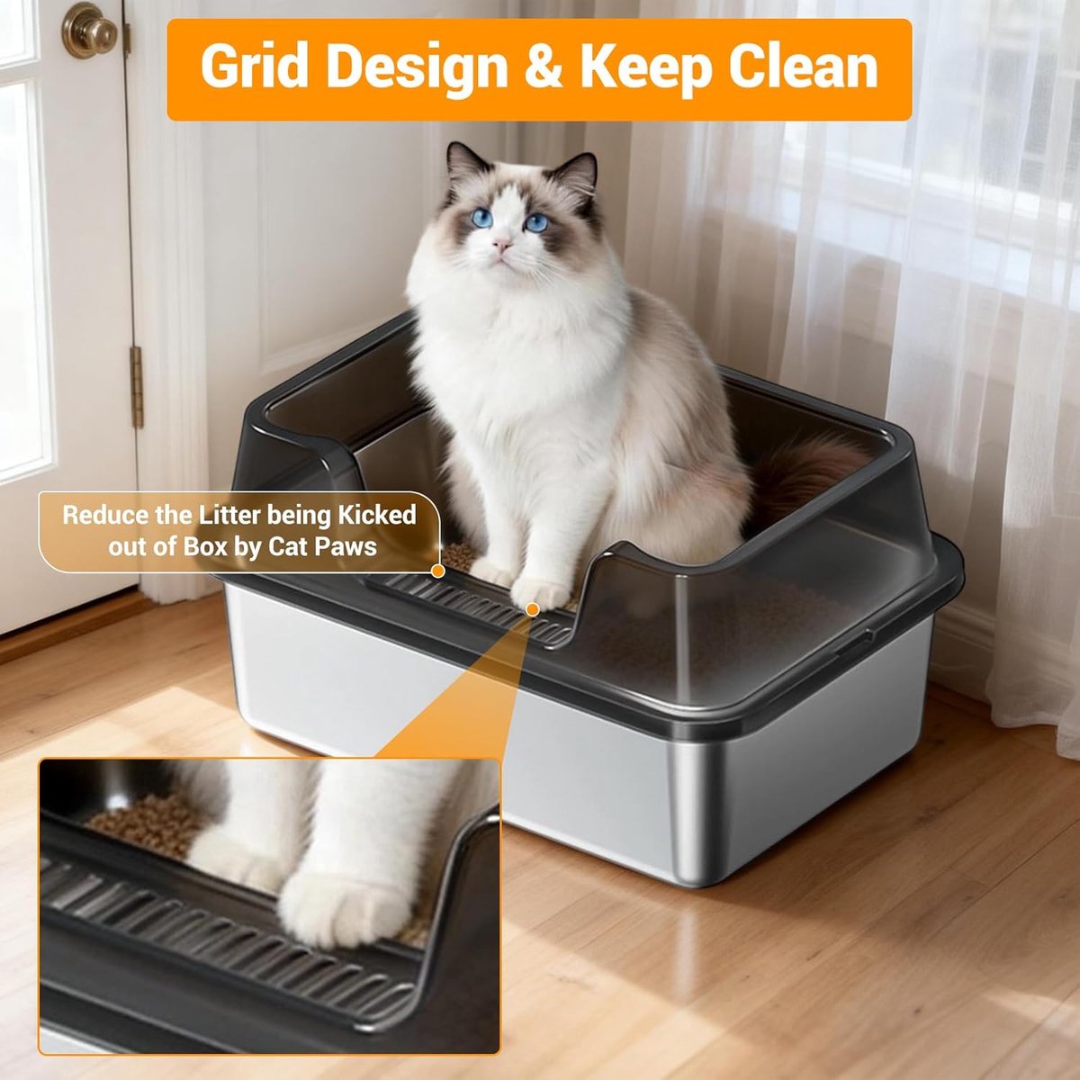 Miniatuur van productfoto 5 van RVS Kattenbak - Kattentoilet Roestvrijstaal - Open Kattenbak - Incl. Kattenbakschep met Houder en Gritopvang Opstapje - 50x35x27cm - Zwart