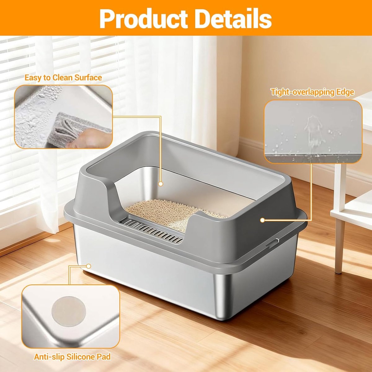 Miniatuur van productfoto 2 van RVS Kattenbak - Kattentoilet Roestvrijstaal - Open Kattenbak - Incl. Kattenbakschep met Houder en Gritopvang Opstapje - 50x35x27cm - Grijs