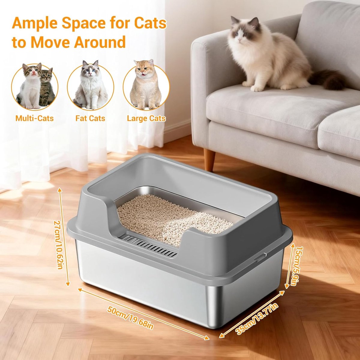 Miniatuur van productfoto 3 van RVS Kattenbak - Kattentoilet Roestvrijstaal - Open Kattenbak - Incl. Kattenbakschep met Houder en Gritopvang Opstapje - 50x35x27cm - Grijs