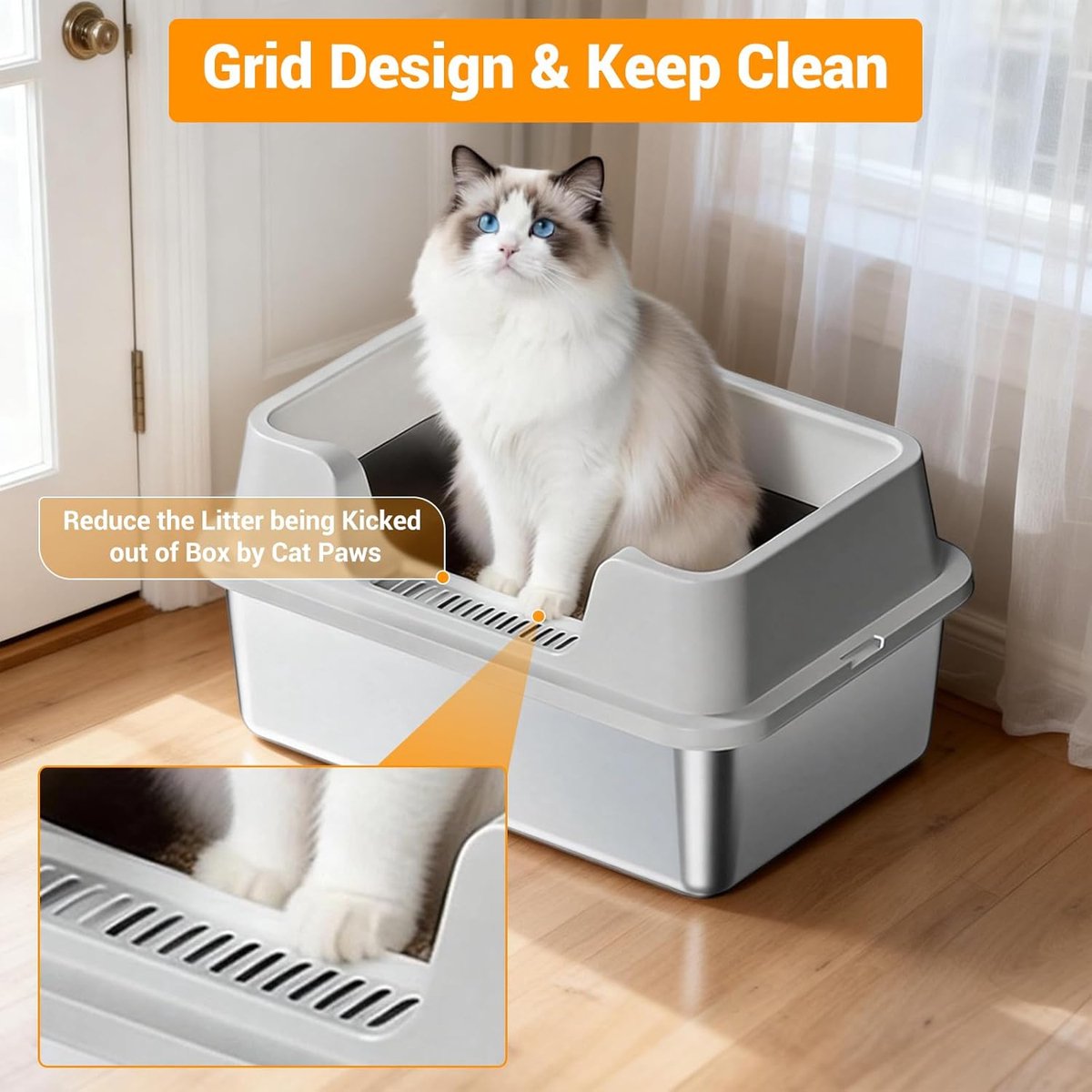 Miniatuur van productfoto 5 van RVS Kattenbak - Kattentoilet Roestvrijstaal - Open Kattenbak - Incl. Kattenbakschep met Houder en Gritopvang Opstapje - 50x35x27cm - Grijs
