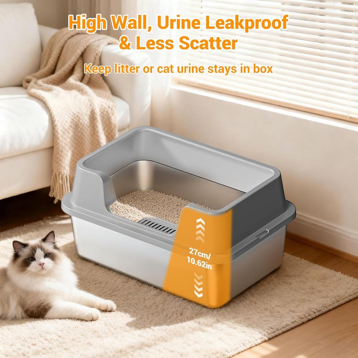 Miniatuur van productfoto 7 van RVS Kattenbak - Kattentoilet Roestvrijstaal - Open Kattenbak - Incl. Kattenbakschep met Houder en Gritopvang Opstapje - 50x35x27cm - Grijs