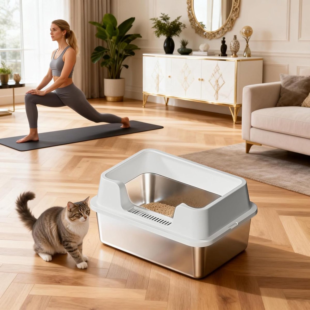 Miniatuur van productfoto 4 van RVS Kattenbak - Kattentoilet Roestvrijstaal - Open Kattenbak - Incl. Kattenbakschep met Houder en Gritopvang Opstapje - 50x35x27cm - wit