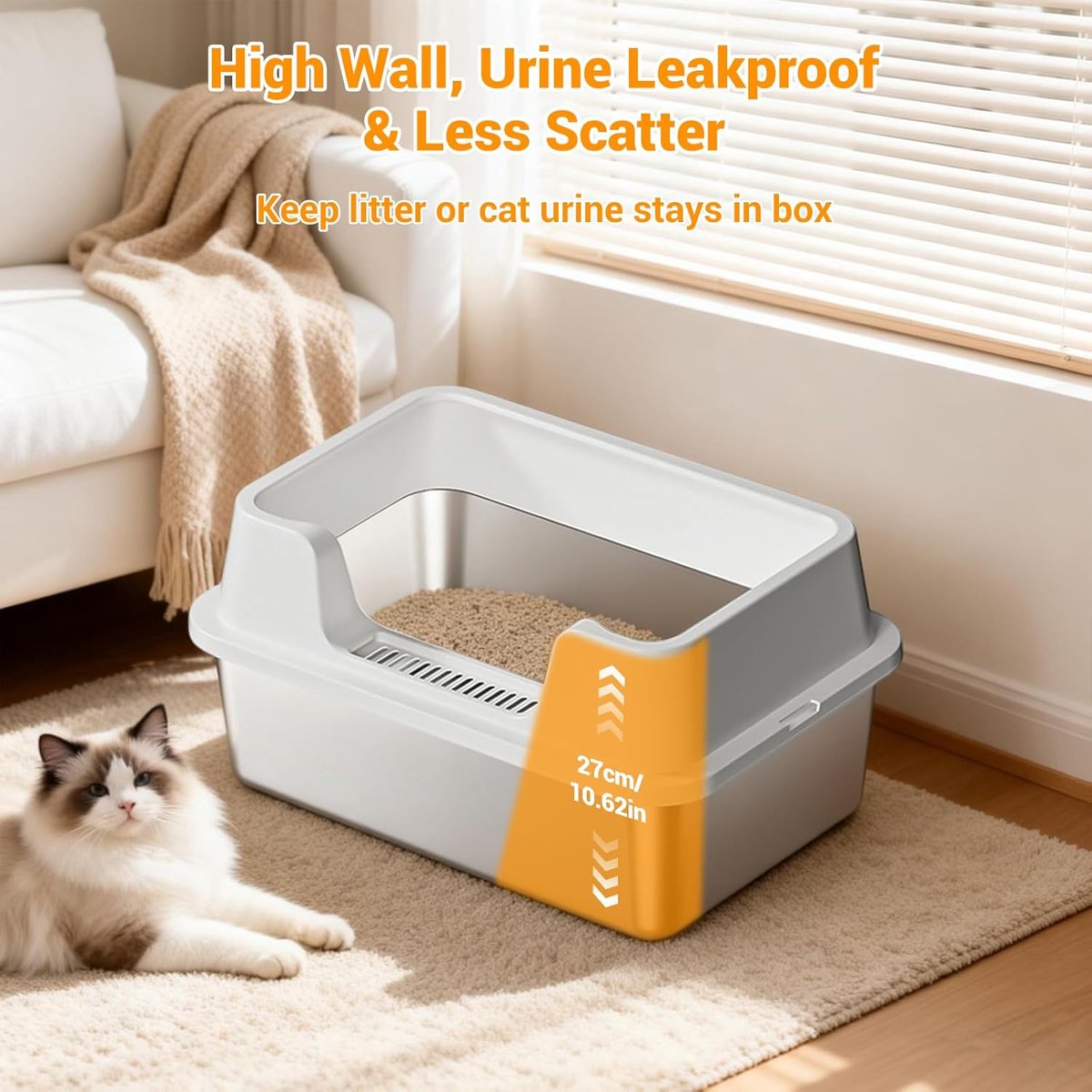 Miniatuur van productfoto 5 van RVS Kattenbak - Kattentoilet Roestvrijstaal - Open Kattenbak - Incl. Kattenbakschep met Houder en Gritopvang Opstapje - 50x35x27cm - wit