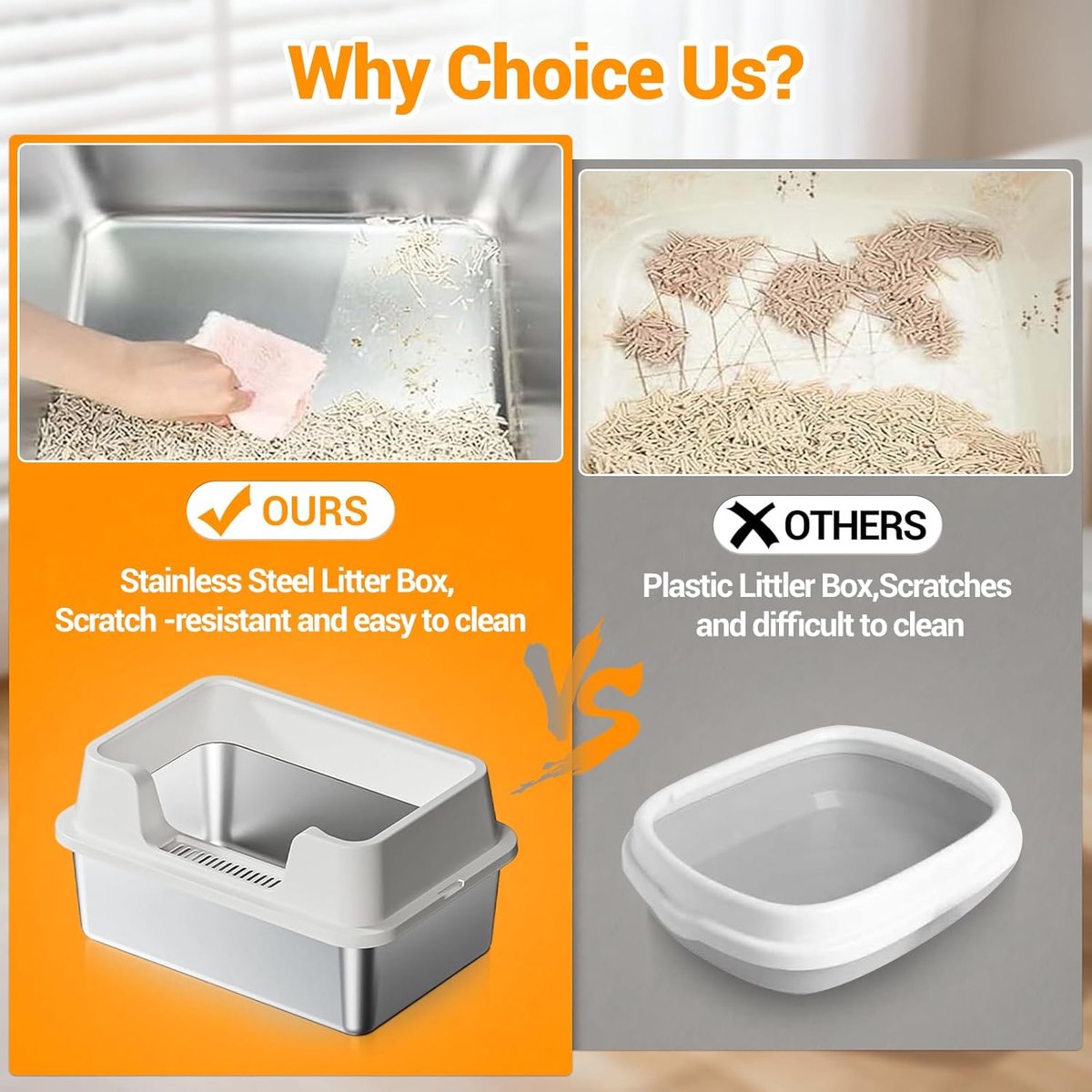 Miniatuur van productfoto 6 van RVS Kattenbak - Kattentoilet Roestvrijstaal - Open Kattenbak - Incl. Kattenbakschep met Houder en Gritopvang Opstapje - 50x35x27cm - wit