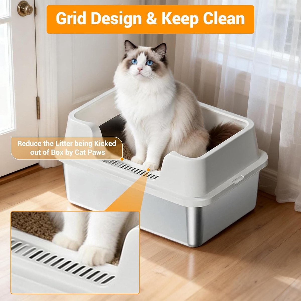 Miniatuur van productfoto 7 van RVS Kattenbak - Kattentoilet Roestvrijstaal - Open Kattenbak - Incl. Kattenbakschep met Houder en Gritopvang Opstapje - 50x35x27cm - wit