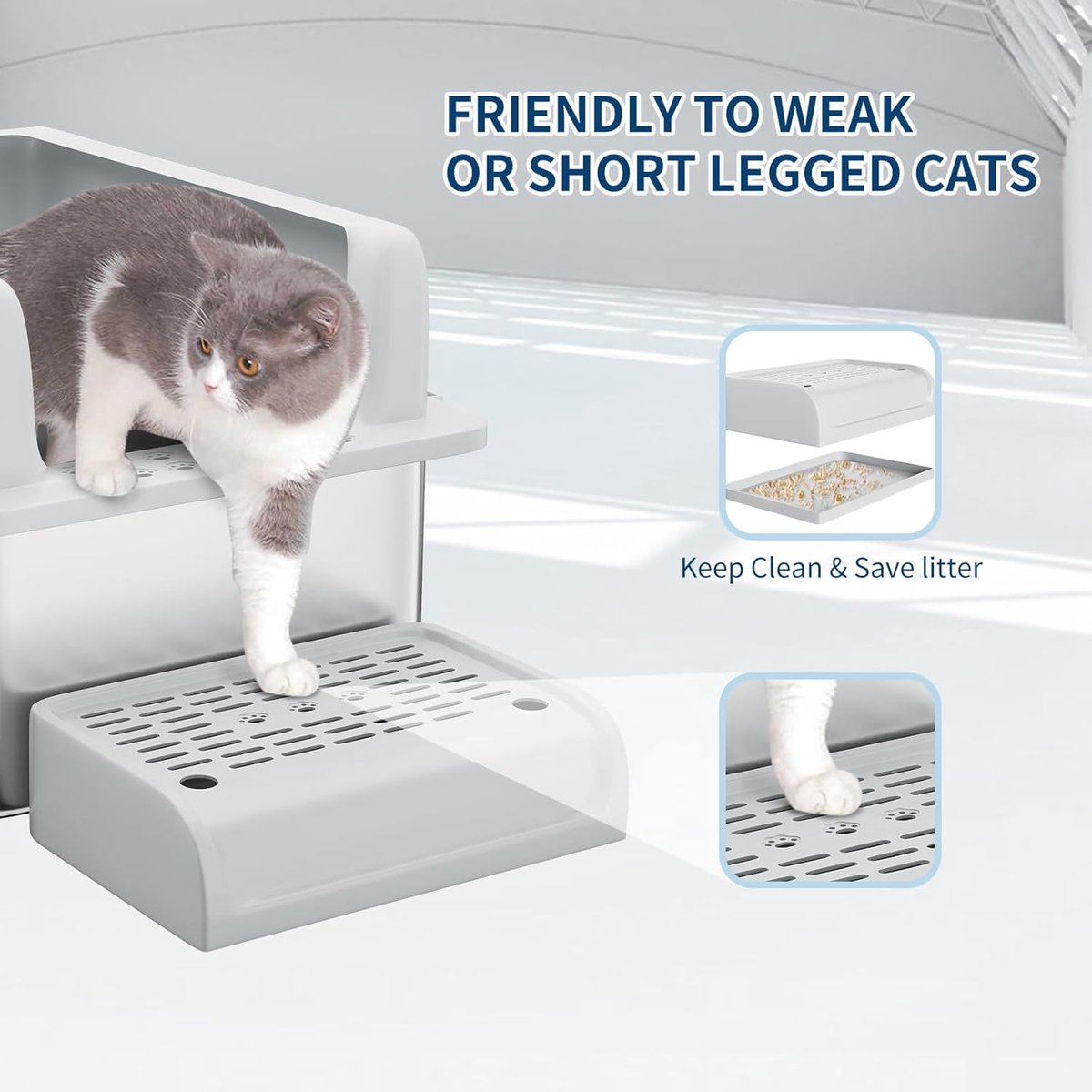 Productfoto 1 van RVS Kattenbak 60x40x35 cm - Hoge Randen, Uitstapplatform & Schepje – Roestvrijstalen Katten Toilet voor Grote Katten & Meerdere Katten – Makkelijk Schoon te Maken