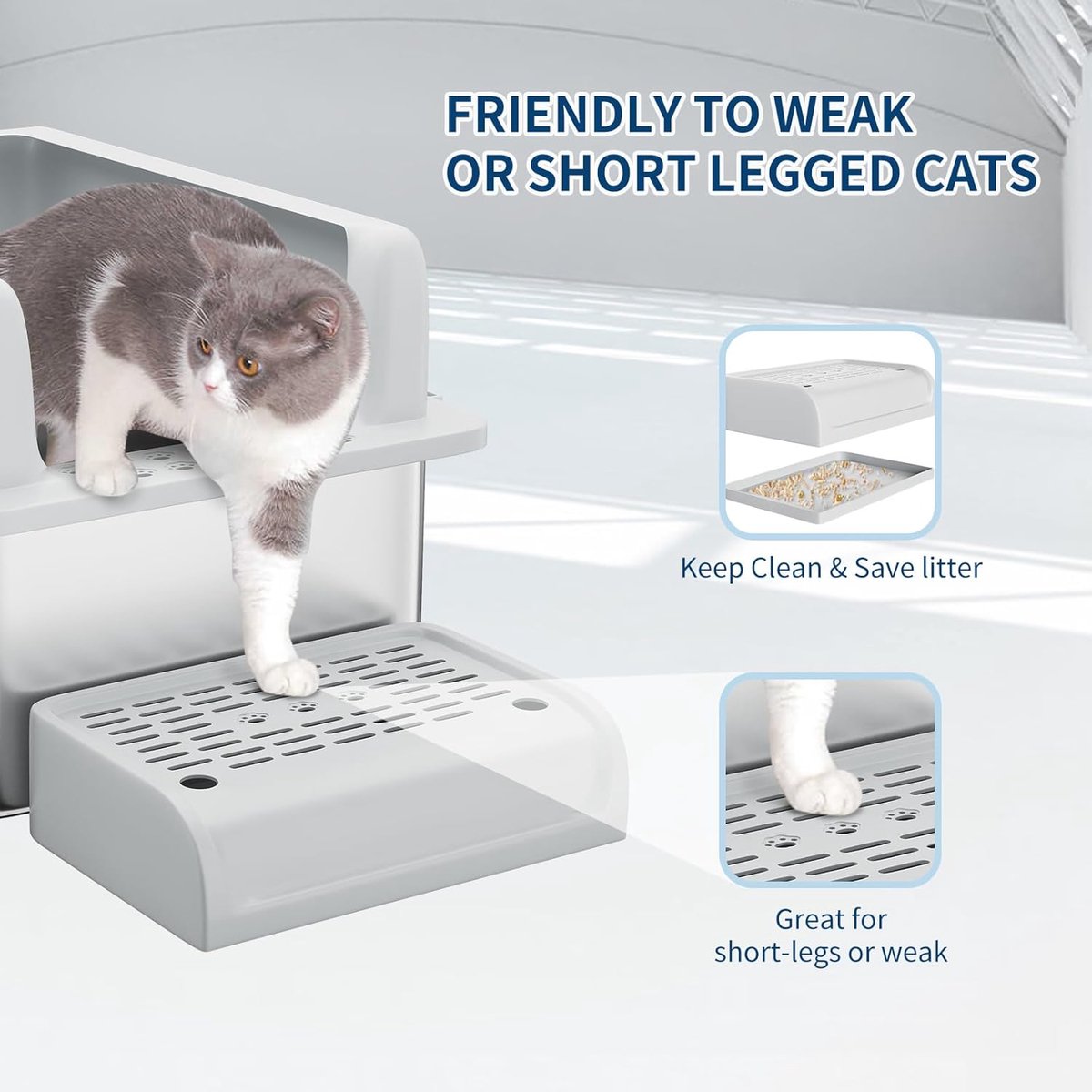 Productfoto 1 van RVS Kattenbak 60x40x22 cm - Hoge Randen, Uitstapplatform & Schepje – Roestvrijstalen Katten Toilet voor Grote Katten & Meerdere Katten – Makkelijk Schoon te Maken