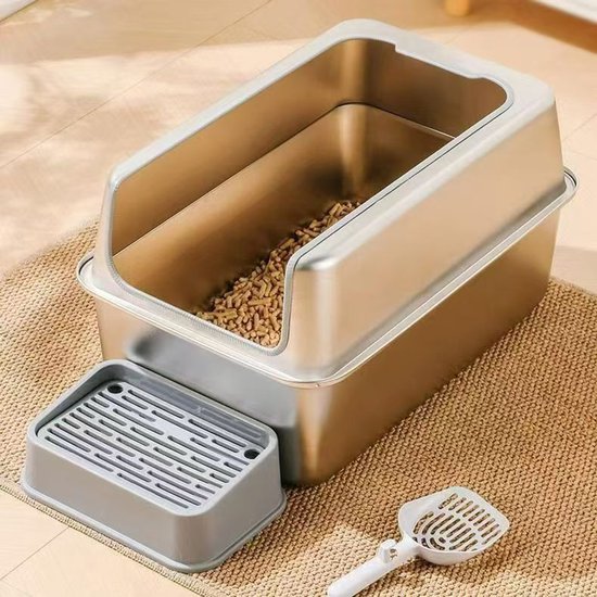 Productfoto 1 van Roestvrijstalen kattenbak, open kattenbak met schepje, hoge randen, lekvrij, eenvoudig schoon te maken, geurbestendig, duurzame kattenbak voor alle katten
