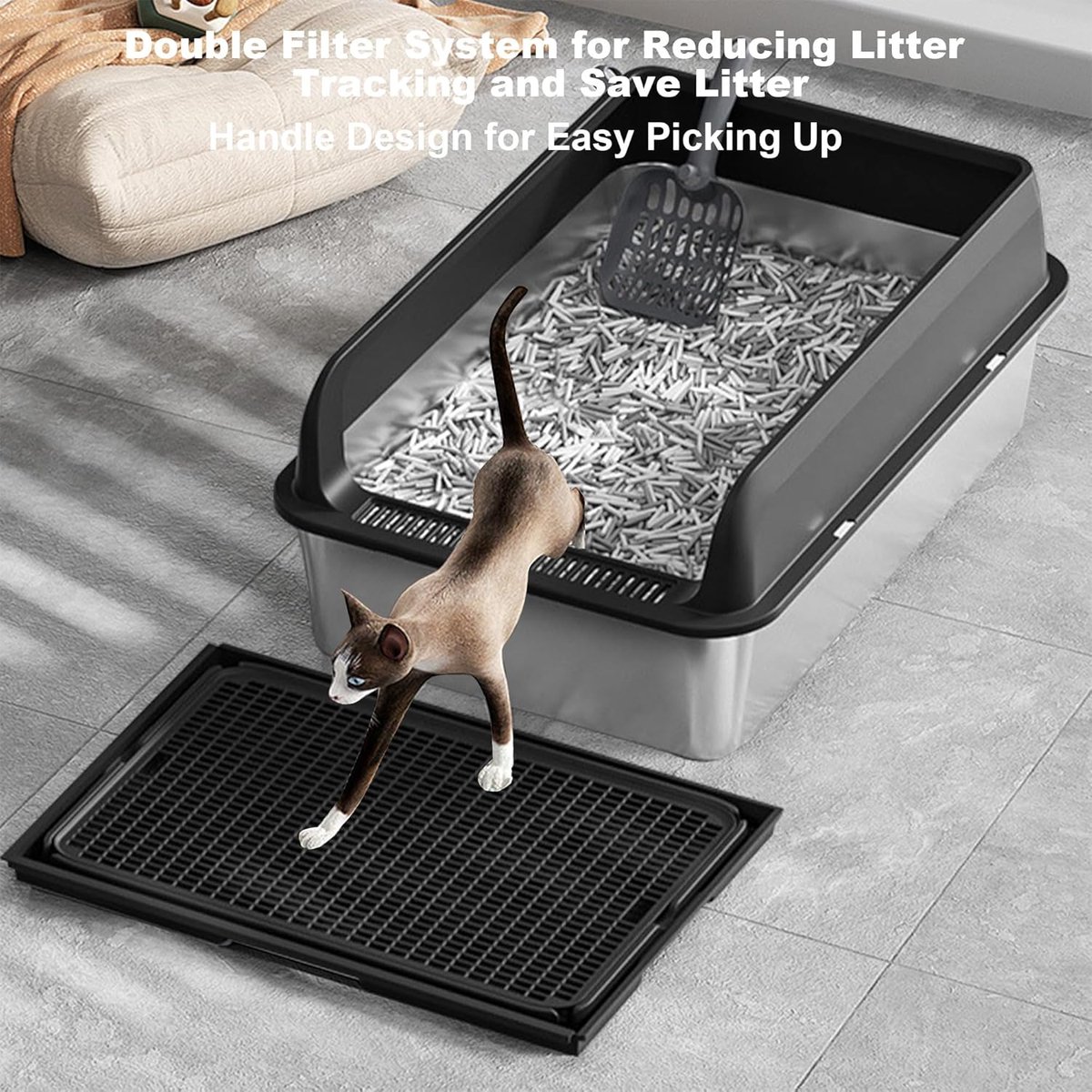 Productfoto 1 van RVS Kattenbak met Hoge Rand - Open Kattenbak Inclusief Schep en Uitloopmat - Roestvrijstaal - Plakt Niet - 60x40x30 cm - zwart