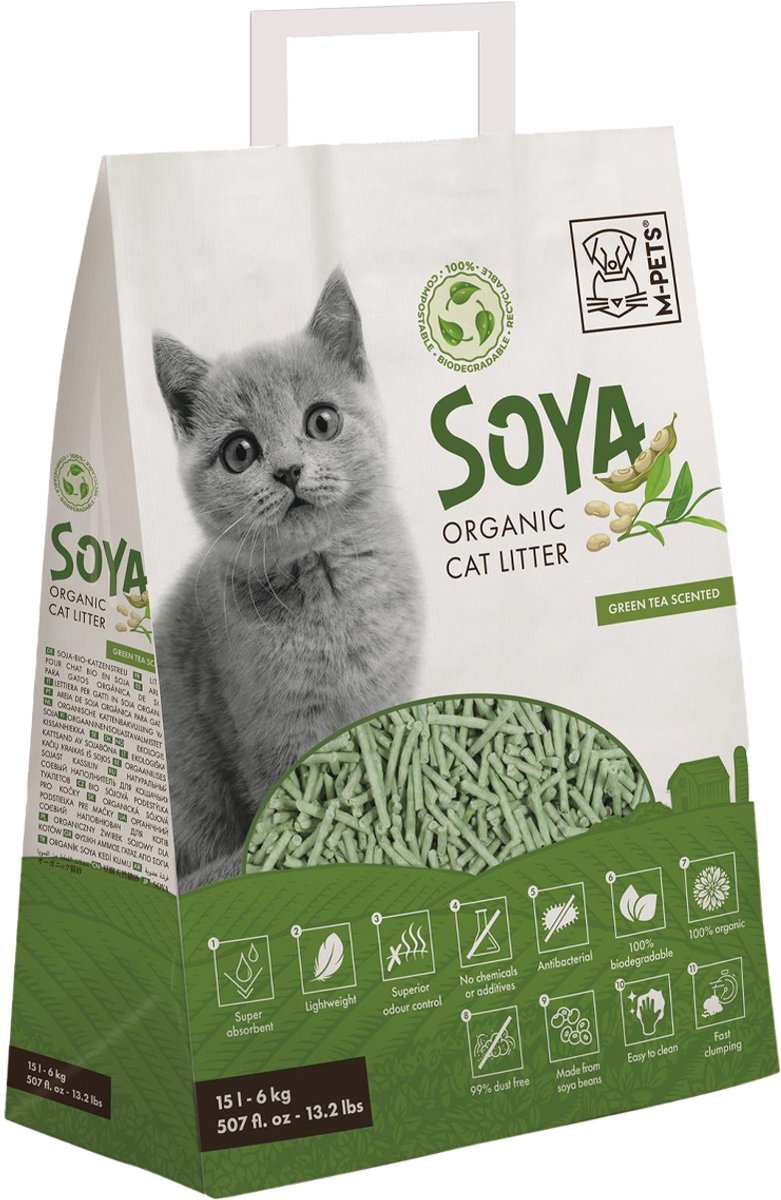 Productfoto 1 van M-PETS - Soya Kattenbakvulling - 4 kg - 10 L - Thee Geur