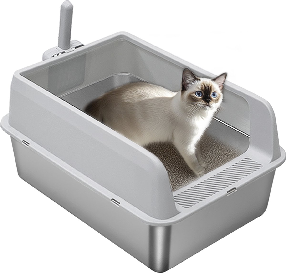 Productfoto 1 van BingoPaw Premium RVS Kattenbak - Kattentoilet Roestvrijstaal - Open Kattenbak met Hoge Rand & Kattenschep- Groot (60x40x28cm) - Grijs - Voor Kittens & Katten tot 6kg