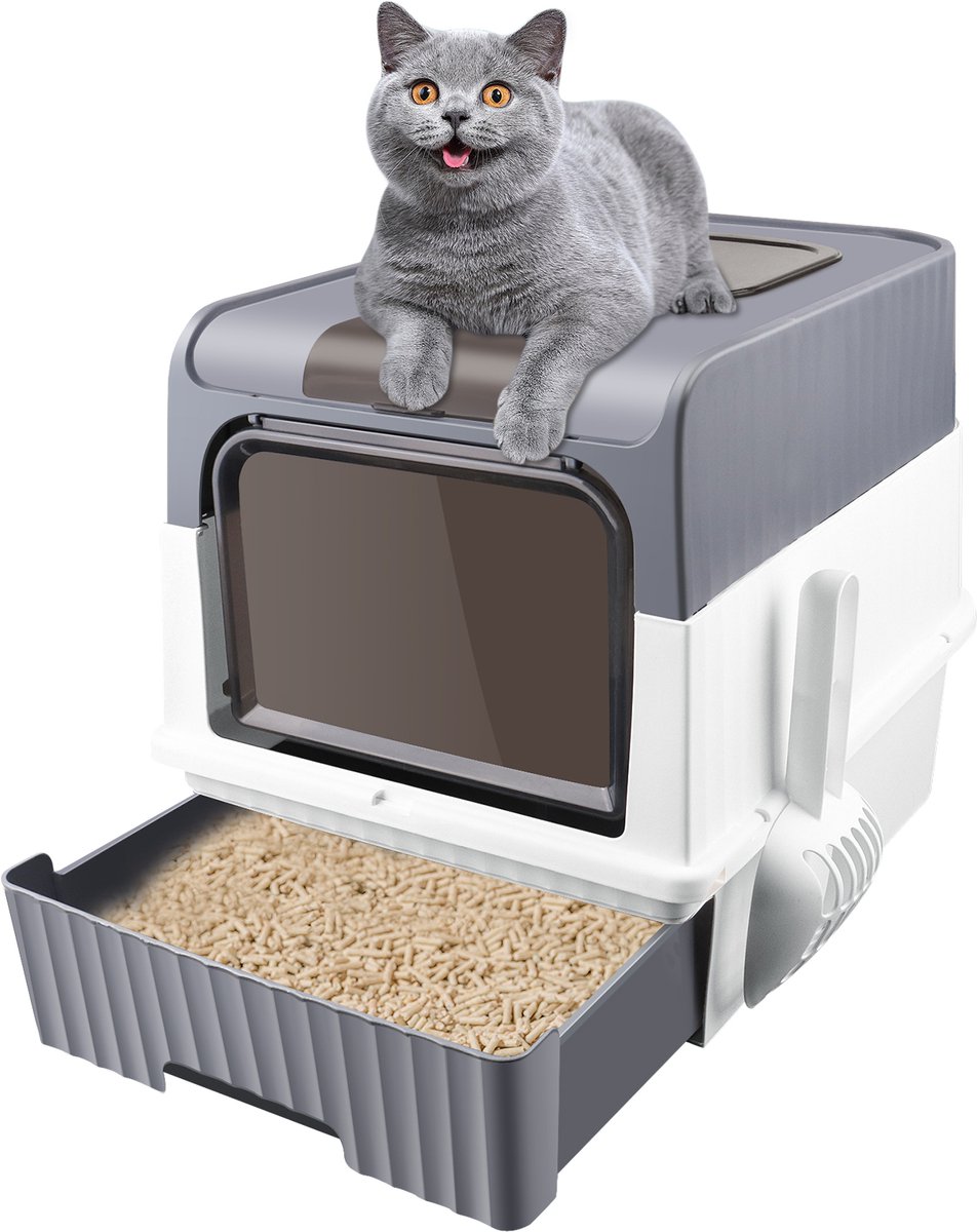Miniatuur van productfoto 2 van PIPIPOXER Kattenbak met deksel Uittrekbare bak Schep 49*37*35 cm-Grijs
