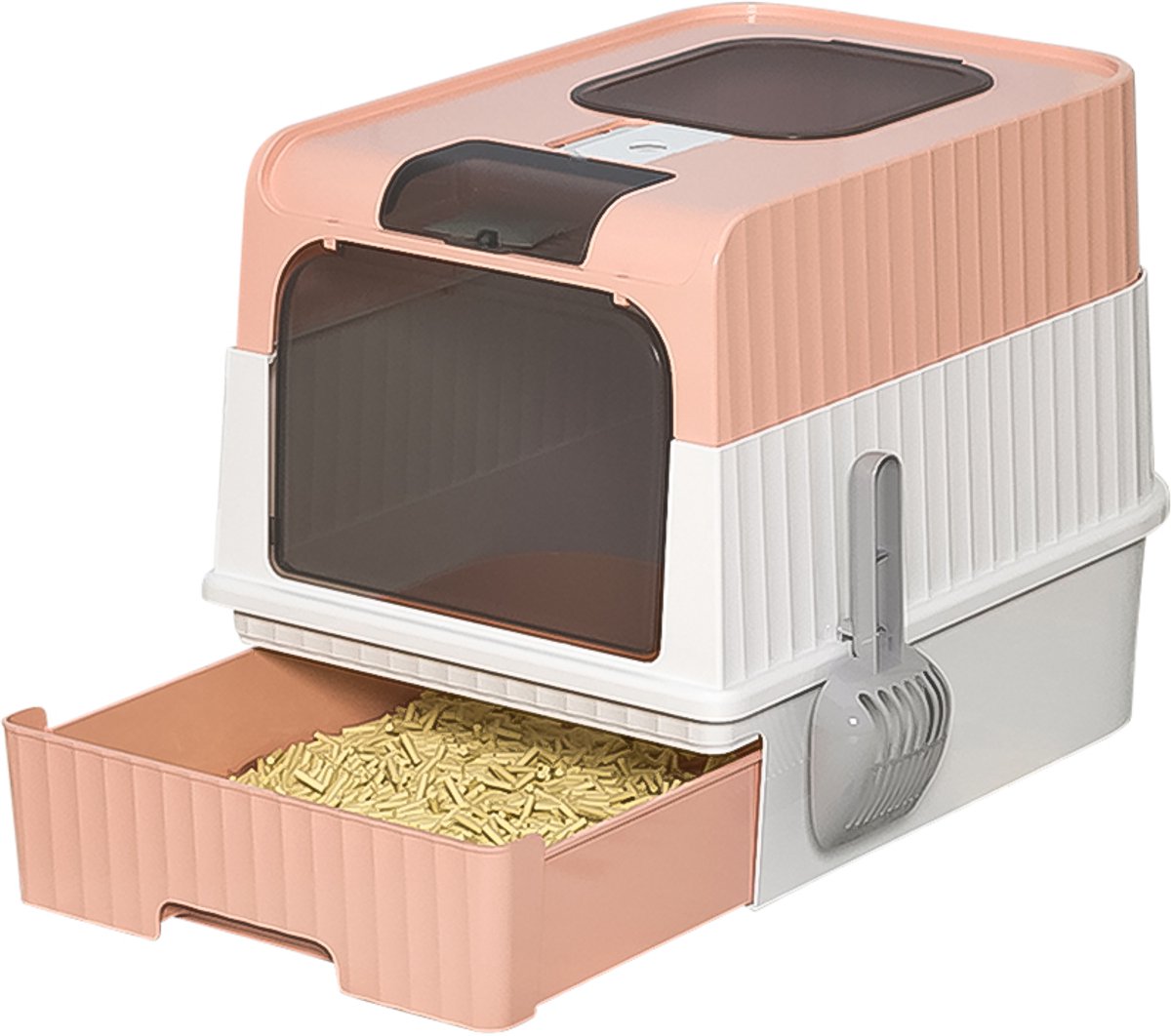 Miniatuur van productfoto 7 van PIPIPOXER Kattenbak met deksel Uittrekbare bak Schep 49*37*35 cm-Roze