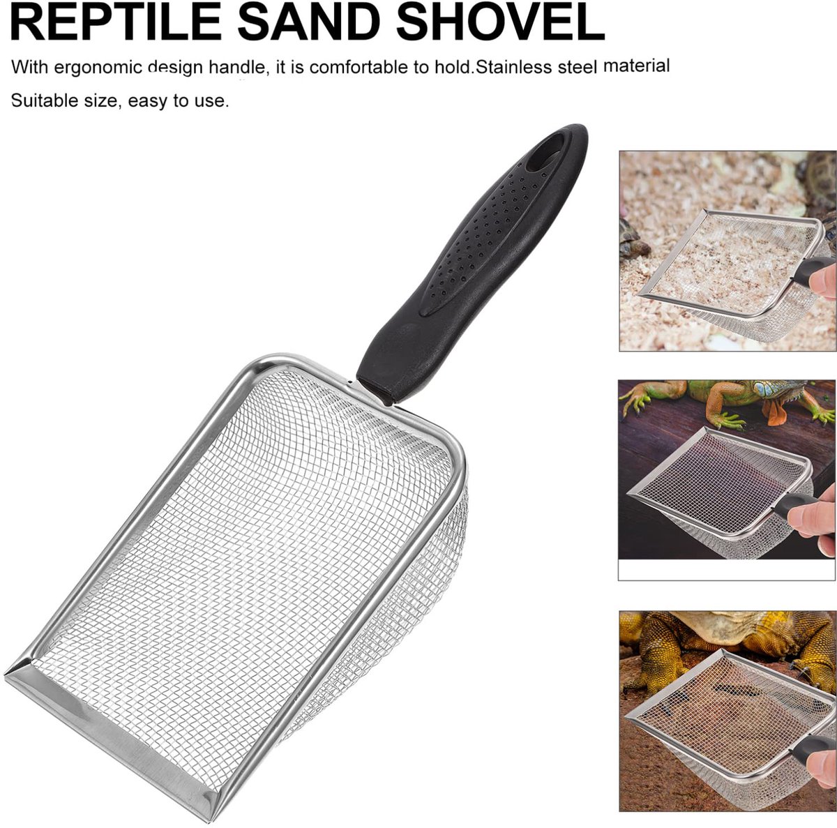 Productfoto 1 van Kattenbakschep - Schep van roestvrij staal - Schep voor reptielenbak - Schep met lange steel - Kattenbakzeef voor reptielen - Scheidt kattenbakvulling van kattenpoep - Geschikt voor katten en reptielen - Zwart