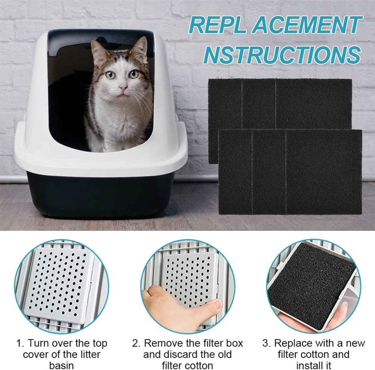 Miniatuur van productfoto 3 van Koolfilter voor Kattenbak - Vierkant - 6 Stuks - Actieve Koolstof - Voor Kattentoiletten