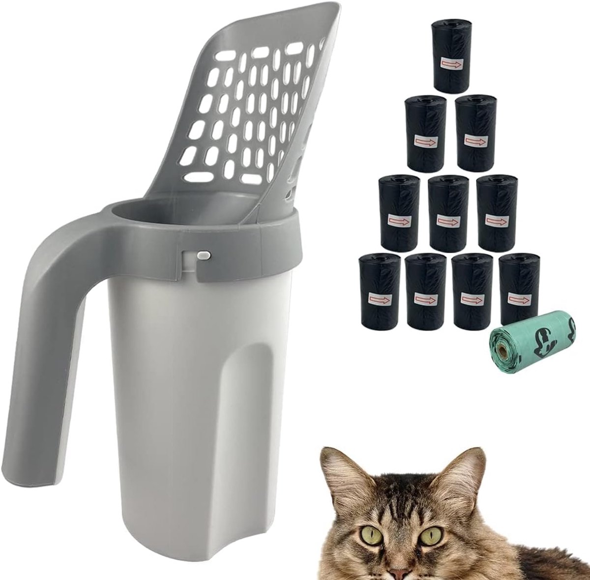 Miniatuur van productfoto 7 van Kattenbakschep - Met Opvangbak - Wordt geleverd met vuilniszak - Bevat 5 rollen opvangzakken - Vangt Onlasting Op - Kattenbakvulling Reinigen - Draagbare kattenbakemmer - Kattenbakschep - Geschikt voor dagelijkse reiniging - 13.5 *23.5 cm