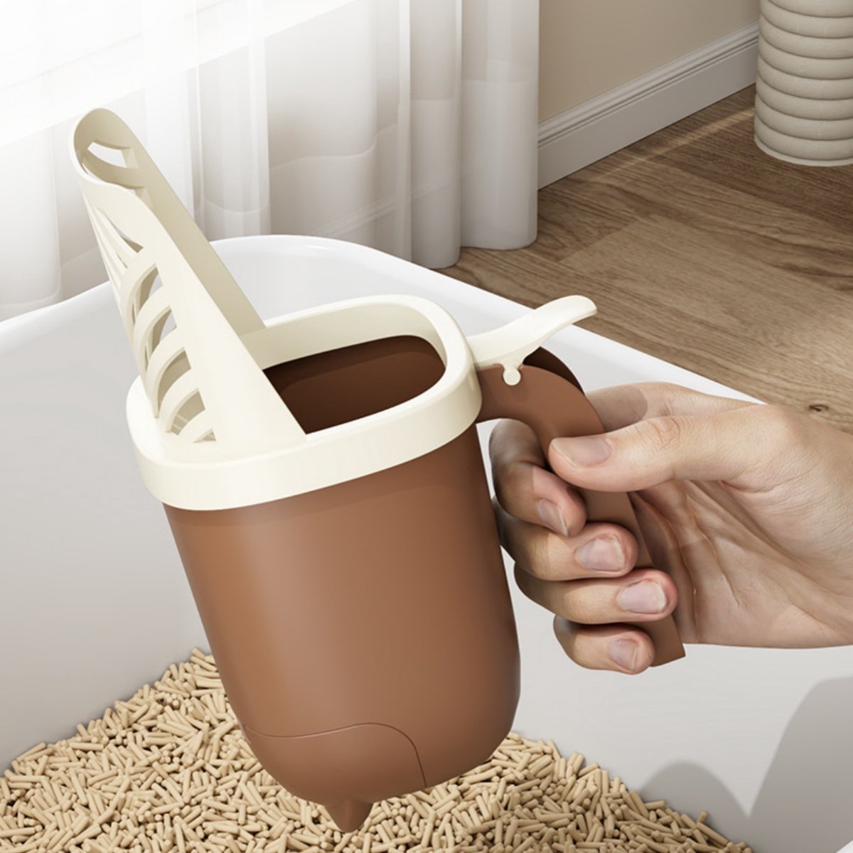 Productfoto 1 van 1 stuk - Kattenbakvulling schep - Afvalbak - Multifunctioneel - Met zeefschep - Grote capaciteit - Hygiënisch en netjes - Reinigingsgereedschap - Koffiebruin