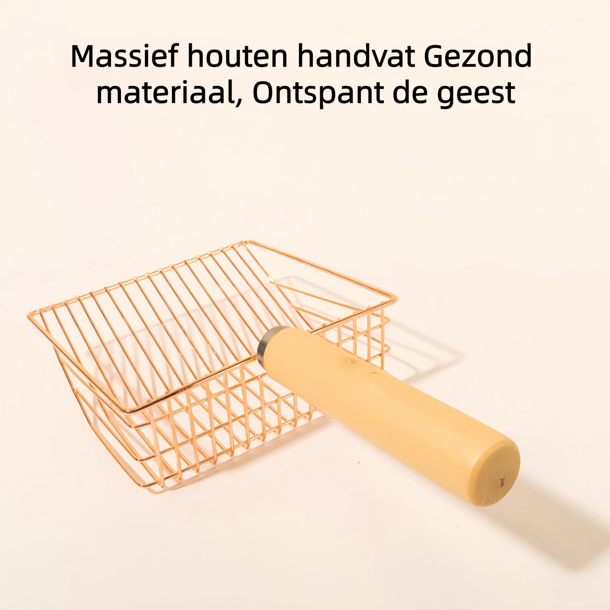 Miniatuur van productfoto 2 van 1 stuk - kattengrit schep - Extra Grote - houten handvat - RVS Kattengrit Schep met Houten Handvat - Fijne Zeef voor alle Zandsoorten - en Hygiënisch - Roségoud