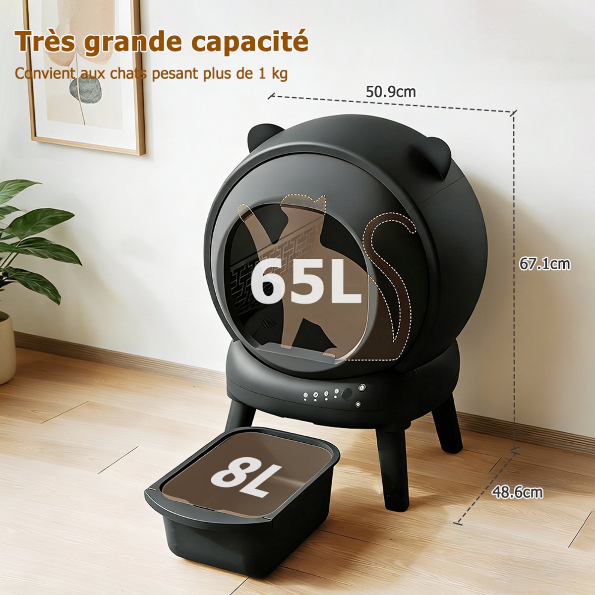Automatische Kattenbak - 65L + 8L - Zelfreinigend – Electrische Kattenbak - Bedienen via App - incl stekkeradapter en 1 rollen opvangzakjes - Slimme Waarschuwing - Gezondheidsbewaking - Incl. Kattenbakmat - Grijs