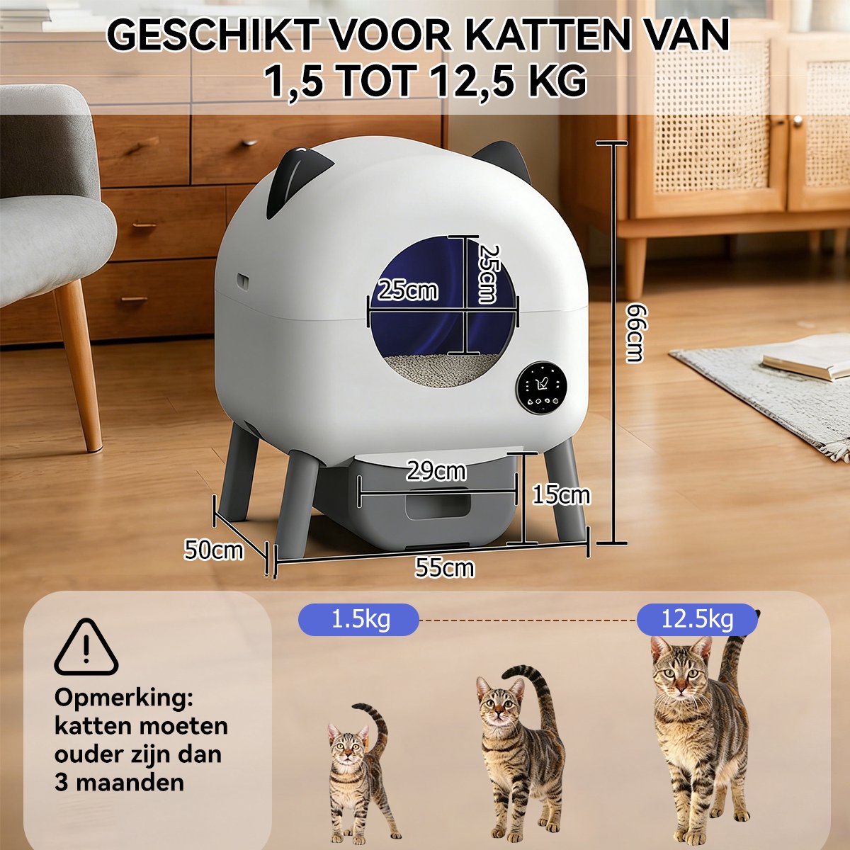 Productfoto 1 van Automatische Kattenbak XXL 95L - Grote Capaciteit Zelfreinigende Kattenbak - Electrische Kattenbak - Bedienen via App - Incl stekkeradapter en 1 rollen opvangzakjes - Incl. Kattenbakmat