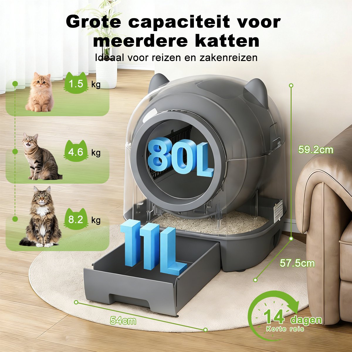 Productfoto 1 van Automatische Kattenbak XXL 80L - Grote Capaciteit Zelfreinigende Kattenbak - Electrische Kattenbak - Bedienen via App - Incl stekkeradapter en 1 rollen opvangzakjes - Incl. Kattenbakmat