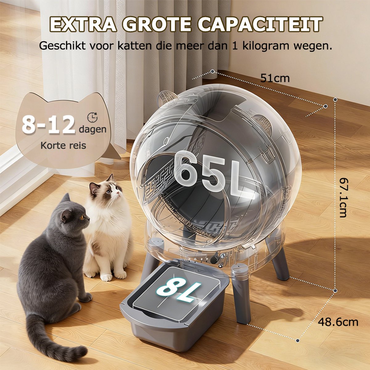 Productfoto 1 van Automatische Kattenbak - Zelfreinigend Electrische Kattenbak - Bedienen via App - 65L + 8L - Incl stekkeradapter en 1 rollen Kattenbakzakken - Slimme Waarschuwing - Gezondheidsbewaking - Incl. Kattenbakmat
