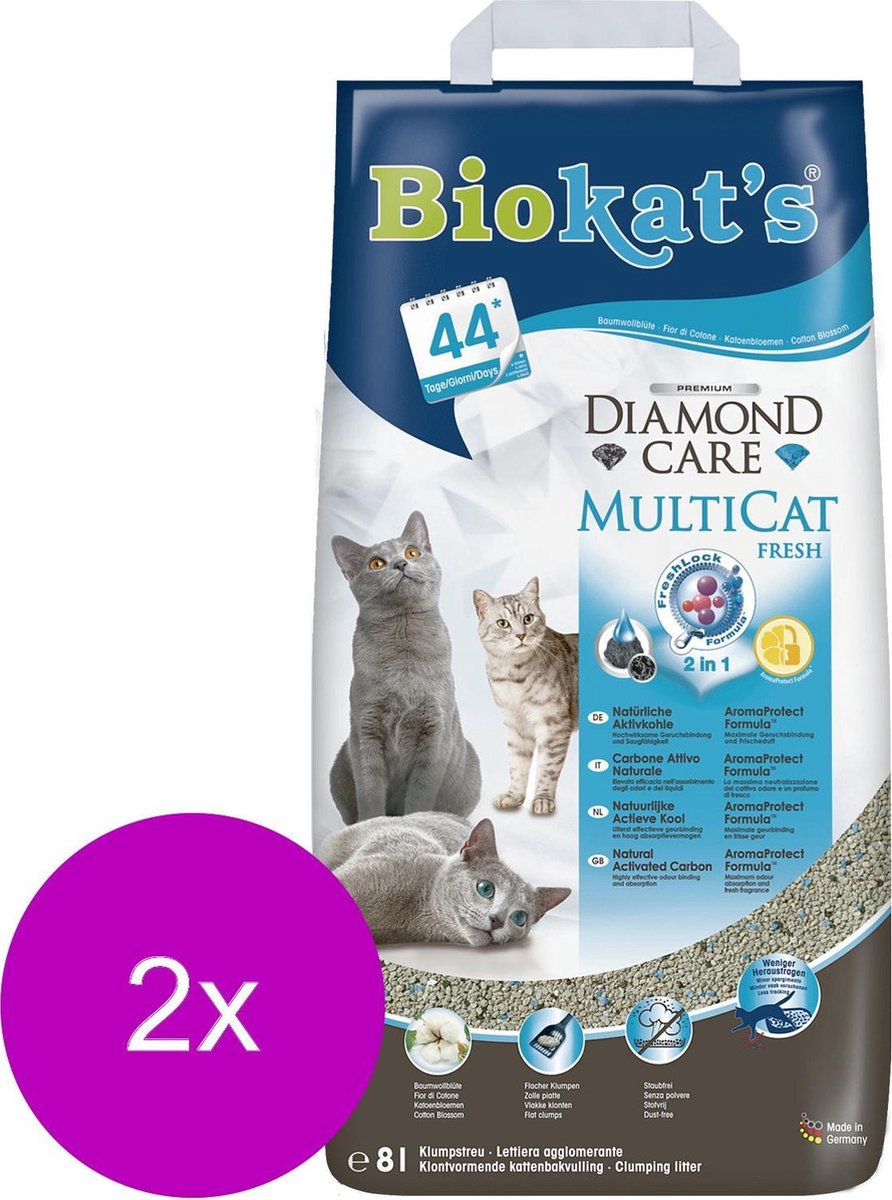 Miniatuur van productfoto 2 van Biokat's Diamond Care Multicat - Kattenbakvulling - 2 x 8 l