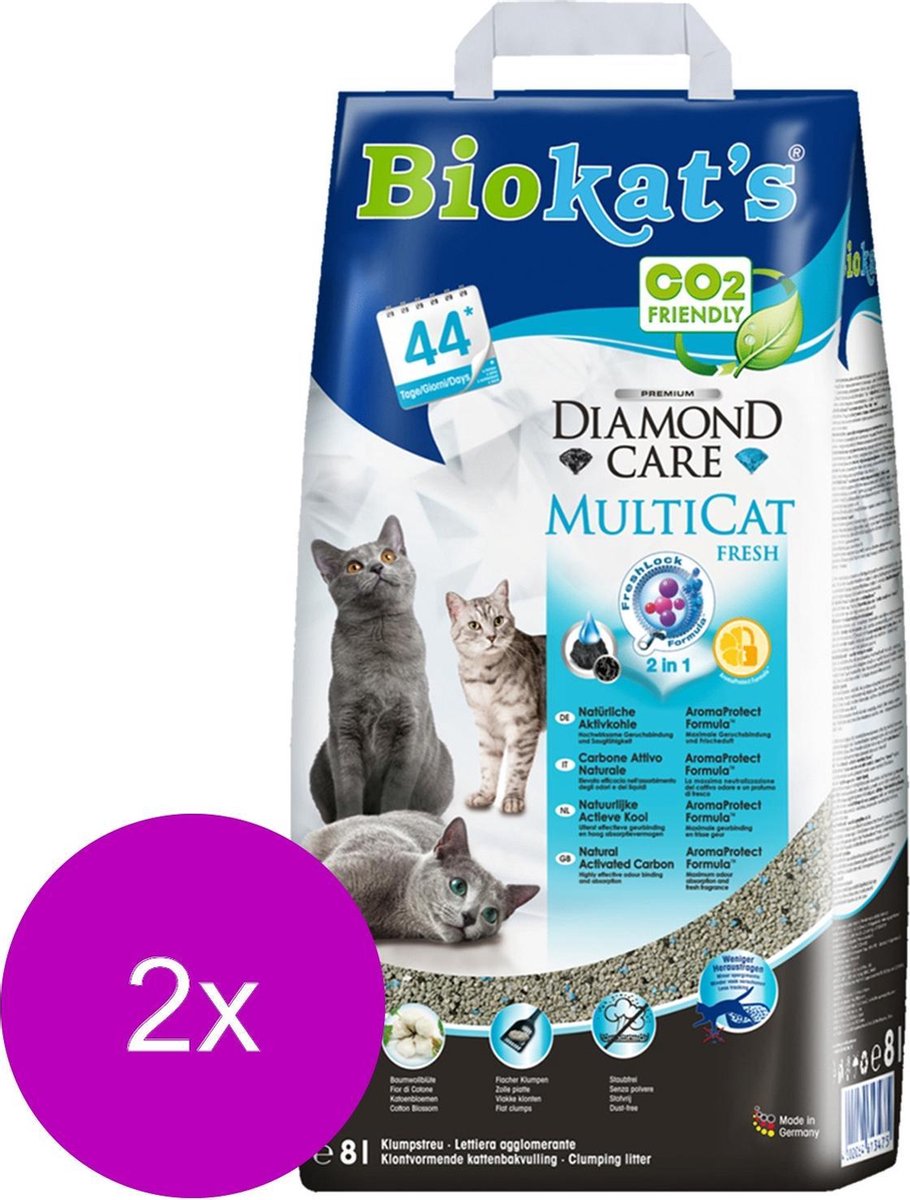 Miniatuur van productfoto 4 van Biokat's Diamond Care Multicat - Kattenbakvulling - 2 x 8 l