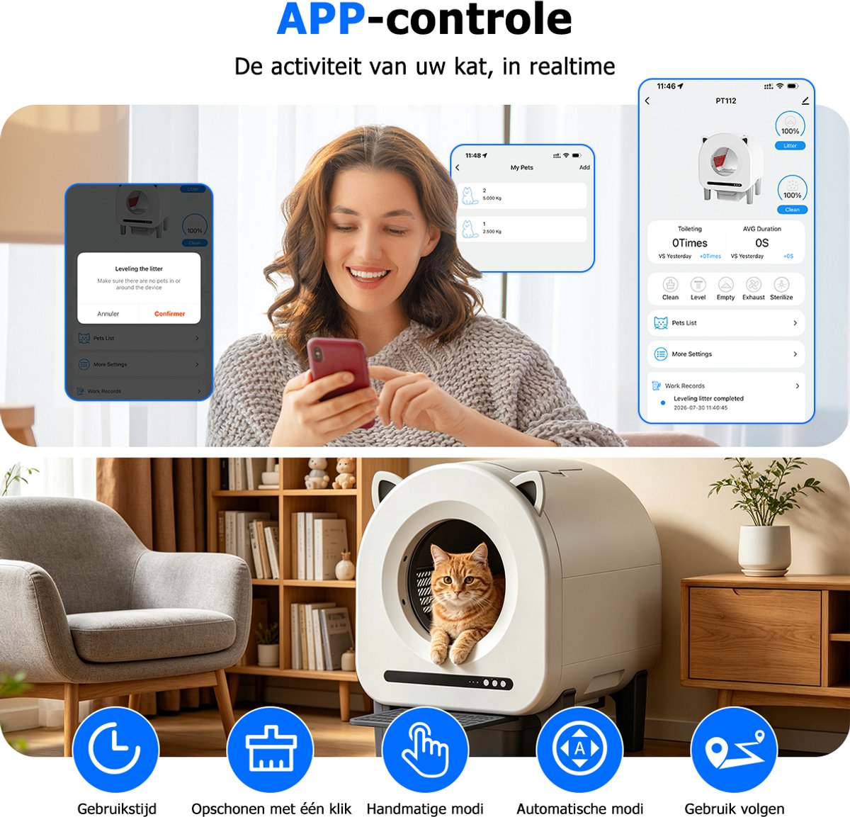 Miniatuur van productfoto 3 van Automatische Kattenbak XXL - Zelfreinigend Electrische Kattenbak - Bedienen via App - 90L + 11L - Incl stekkeradapter en 3 rollen Kattenbakzakken - Slimme Waarschuwing - Gezondheidsbewaking - Incl. Kattenbakmat