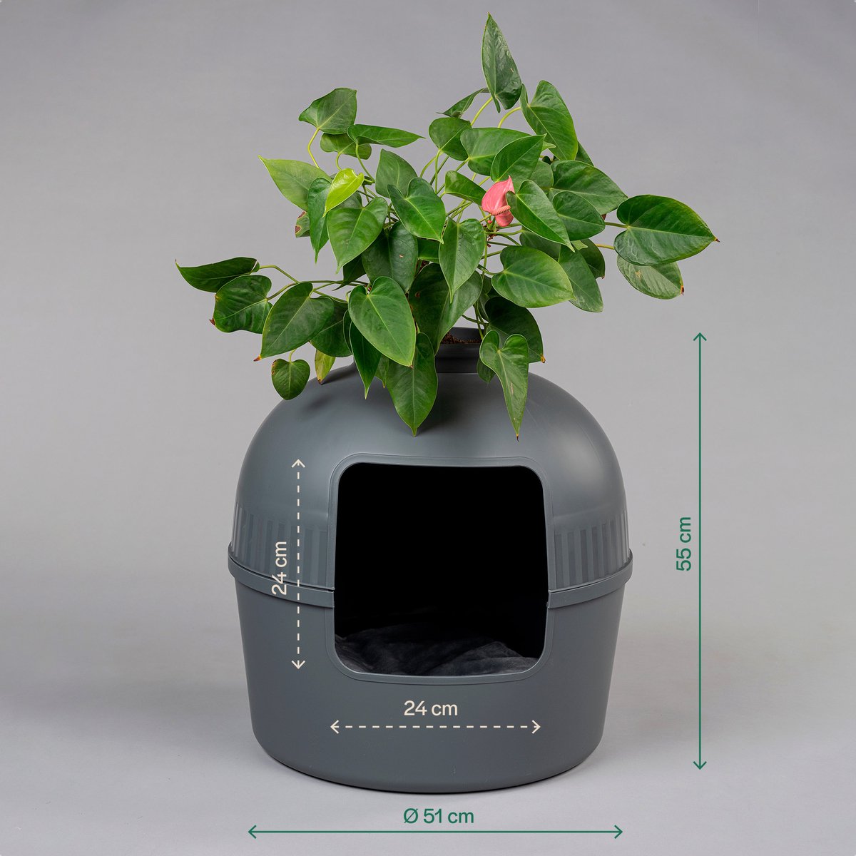 Productfoto 1 van RHRQuality Kattenbak - Flower XXL – Verborgen Kattentoilet – Voor Grote Katten – Met Grote Ingang (51 cm) & Afneembare Bovenzijde – Antraciet