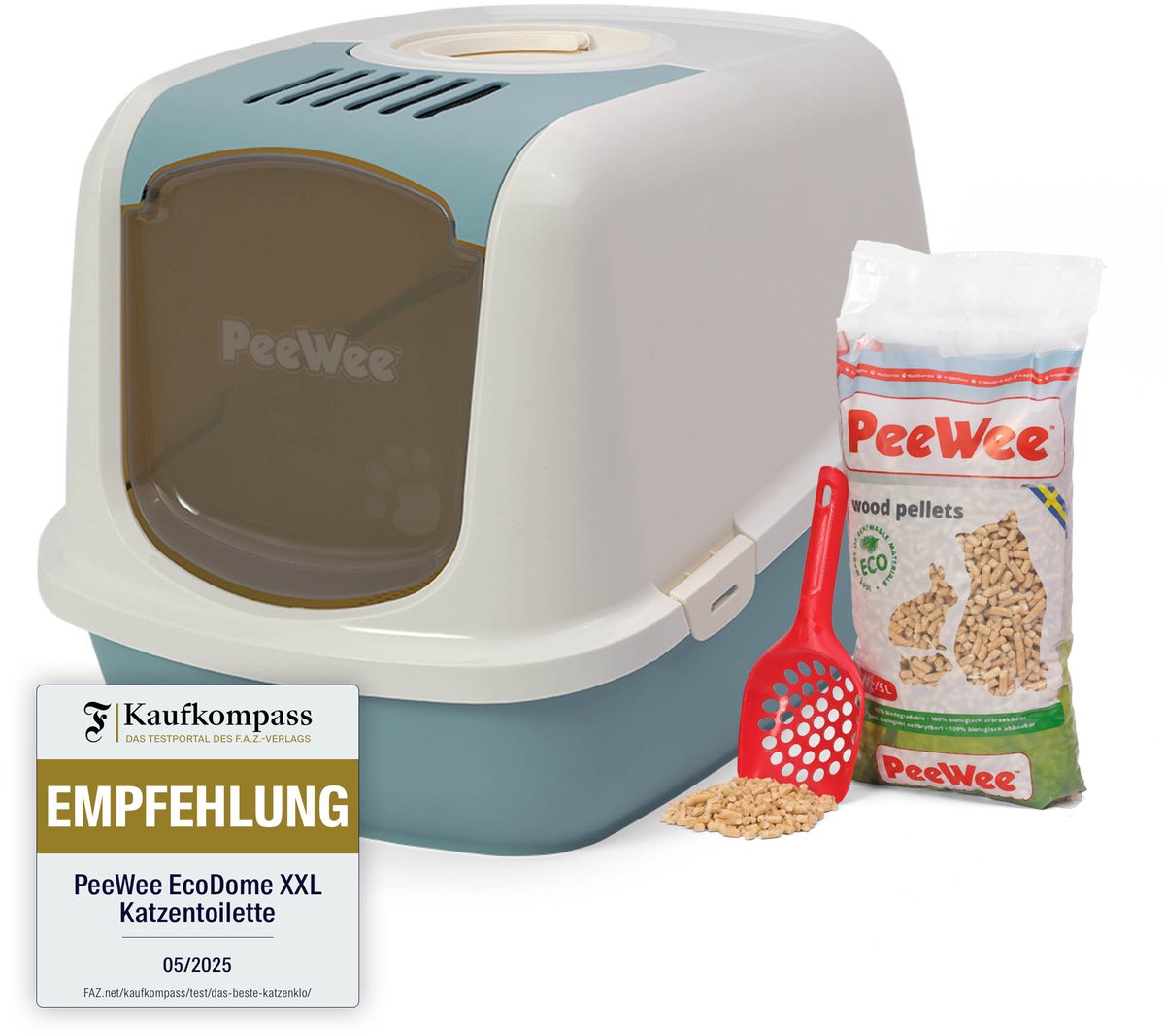 Productfoto 1 van Peewee grote XXL kattenbak systeem Ecodome startpakket - in een nieuwe trendy pastelkleur marlin blau / crème - incl. Peewee korrels + schepje – 66,5 x 48,5 x 46,5 cm