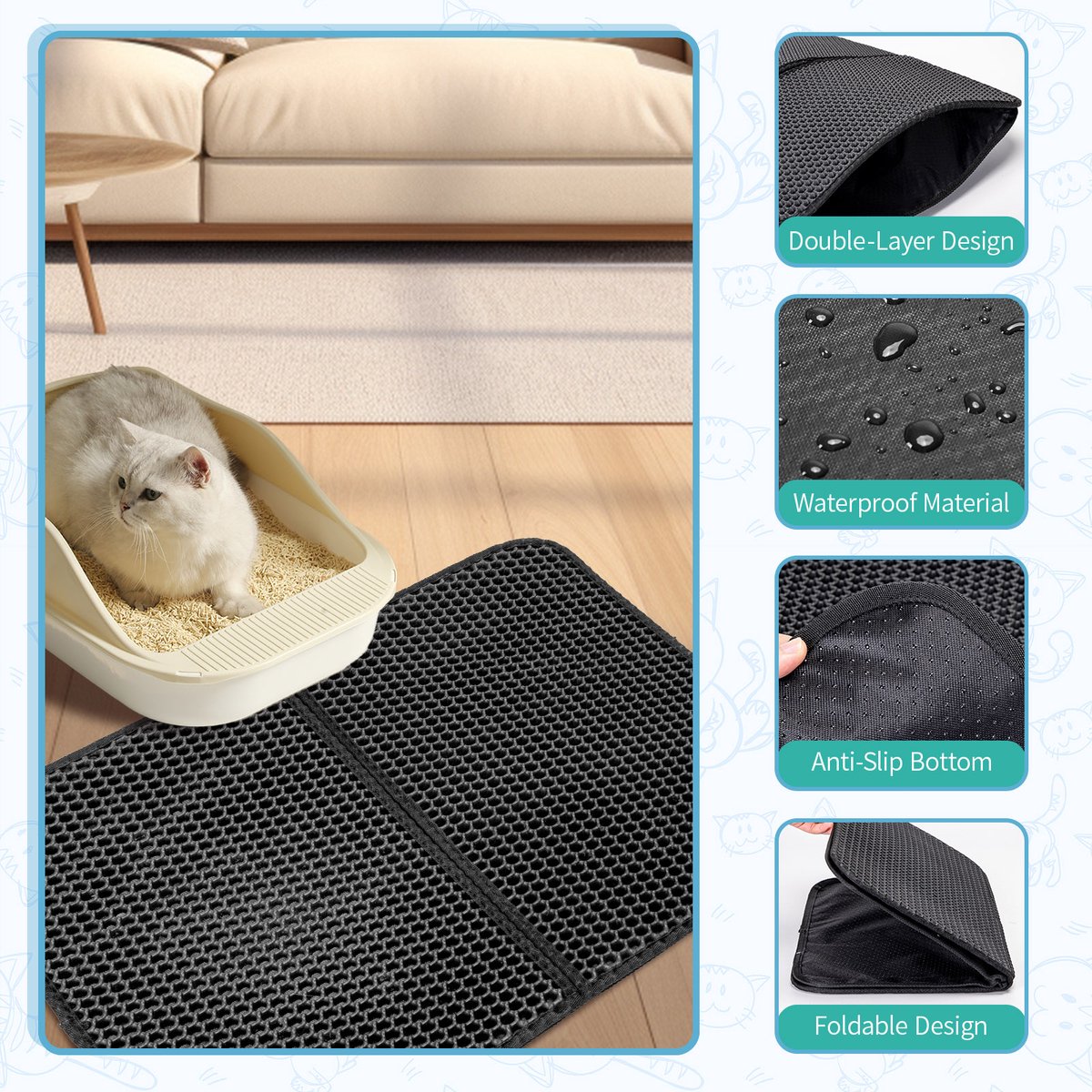 Miniatuur van productfoto 12 van Kattenbakmat - Kattenmat Met Filter - Kattenbak Accessoires - Grit Opvanger - 3 lagen - Waterdicht - 60x45 cm - Opvouwbaar - Zwart