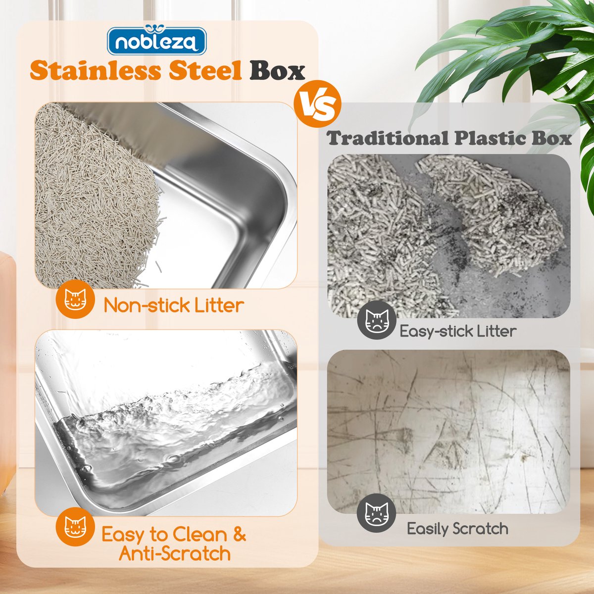 Productfoto 1 van Nobleza RVS Kattenbak XXL - Kattentoilet Roestvrijstaal - Grote Kattenbak van RVS - Open Kattenbak - 60x40x15cm