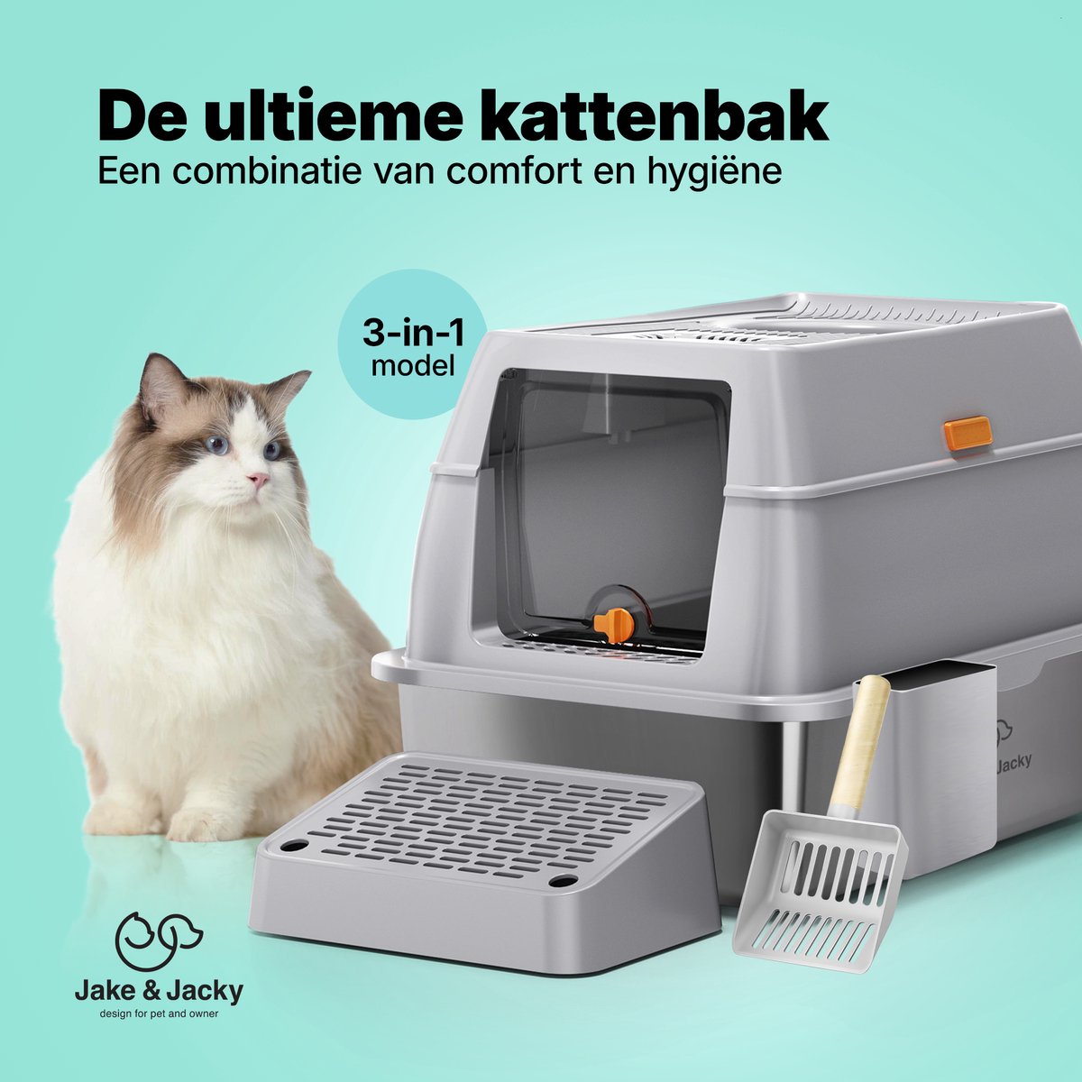 Productfoto 1 van Jake and Jacky RVS Kattenbak Hop In - Kattentoilet Roestvrijstaal - Incl. Kattenbakschep met Houder en Gritopvang Opstapje - Top Entry - 3 in 1 Open Kattenbak met Afneembare Deksel - 60x40x38cm - Grijs