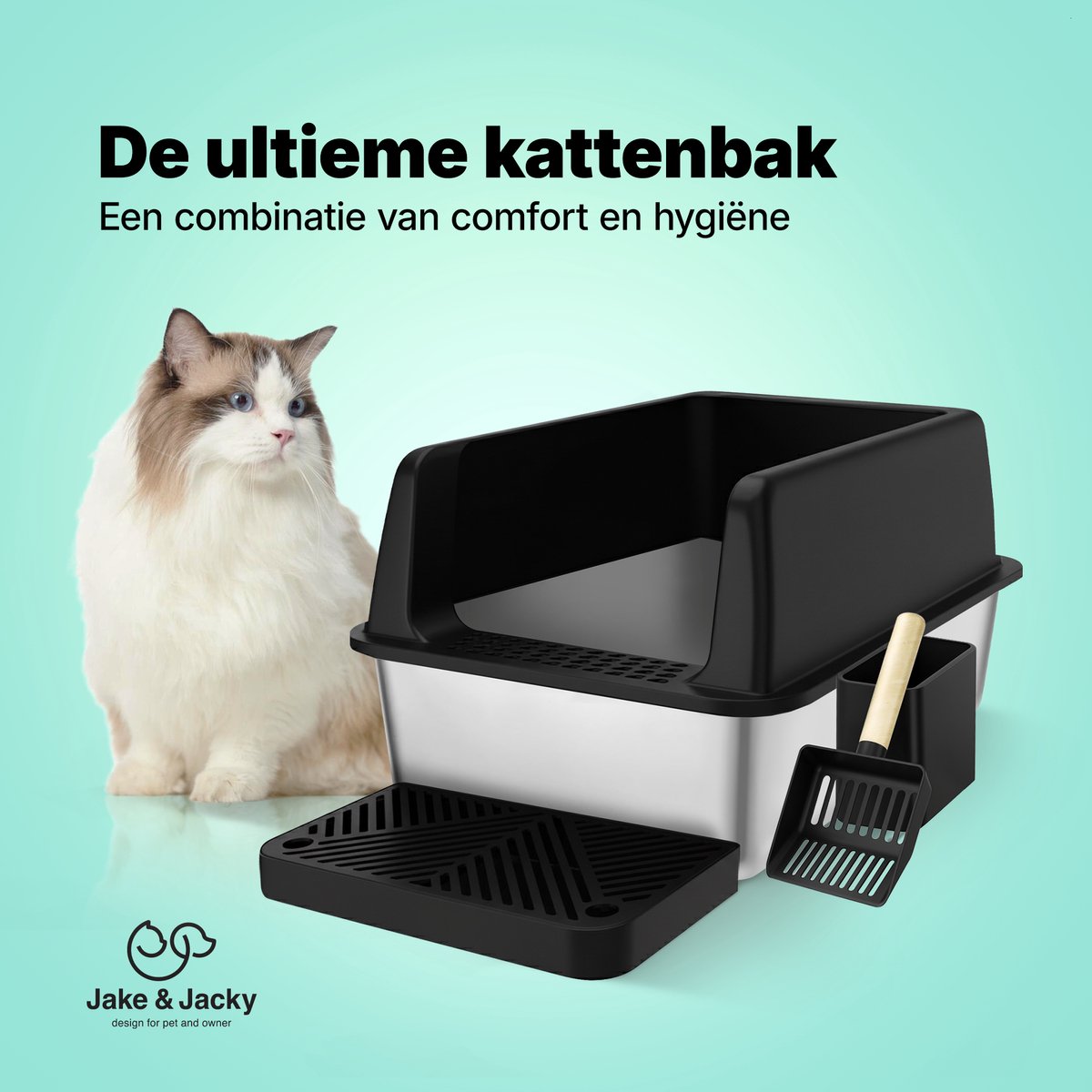 Productfoto 1 van Jake and Jacky RVS Kattenbak - Kattentoilet Roestvrijstaal - Open Kattenbak - Incl. Kattenbakschep met Houder en Gritopvang Opstapje - 60x40x30cm - Zwart