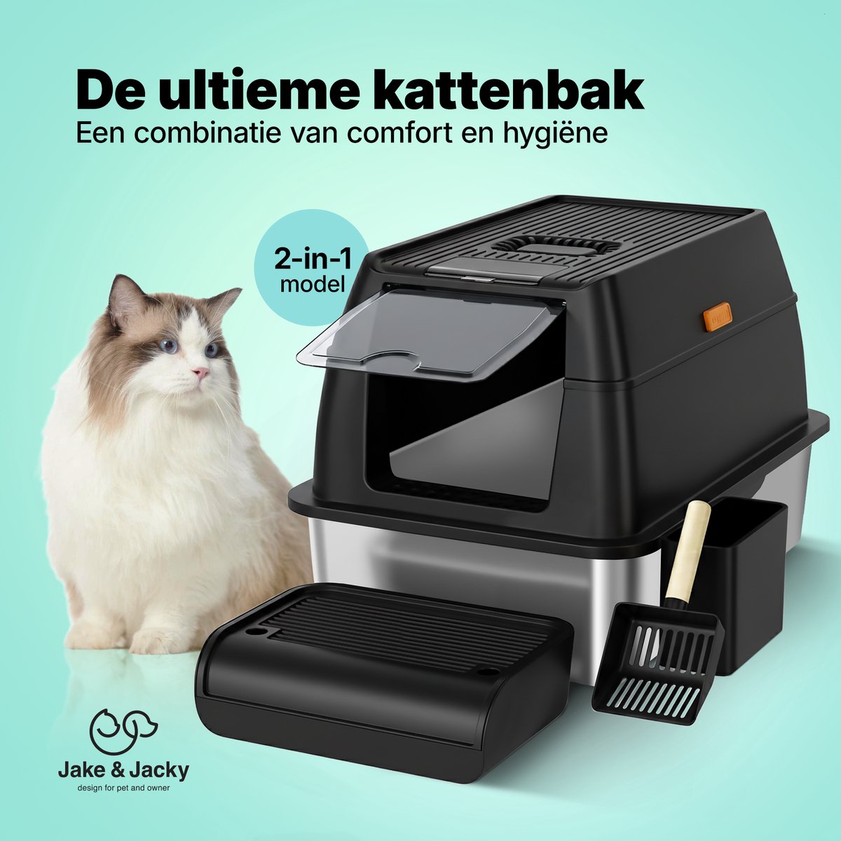 Productfoto 1 van Jake and Jacky RVS Kattenbak - Kattentoilet Roestvrijstaal - Incl. Kattenbakschep met Houder en Gritopvang Opstapje - 2 in 1 Open Kattenbak met Afneembare Deksel - 60x40x38cm - Zwart