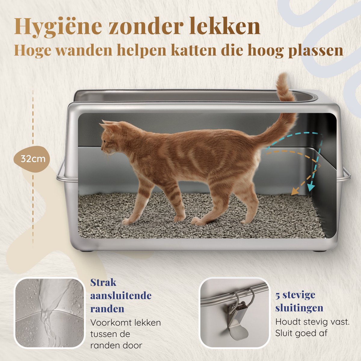 Productfoto 1 van Kattenbak RVS XXL – Gemakkelijk schoon te maken – Geurvrij, Lekvrij en Vlekvrij – 38L Inhoud – Roestvrijstalen Kattentoilet met hoge rand – Grote Kattenbak met Schep & Gritopvangmat – 60 × 40 × 32 cm