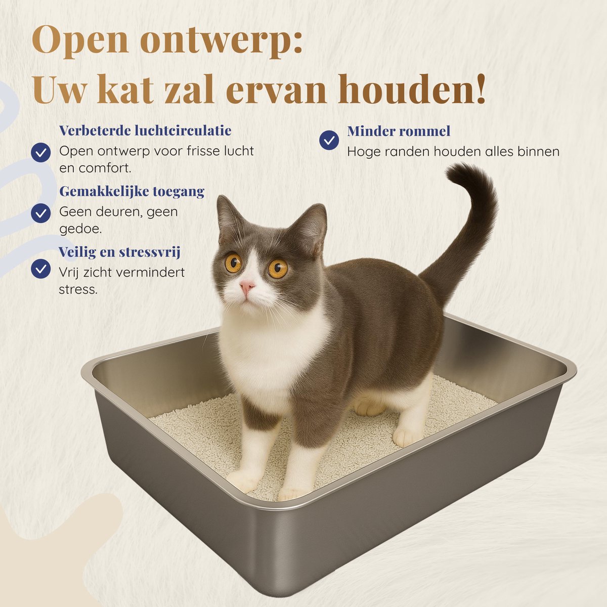 Miniatuur van productfoto 5 van Kattenbak RVS XXL – Gemakkelijk schoon te maken – Geurvrij, Lekvrij en Vlekvrij – 60x40x15cm – Roestvrijstalen Kattentoilet – Grote Kattenbak voor Katten en Konijnen