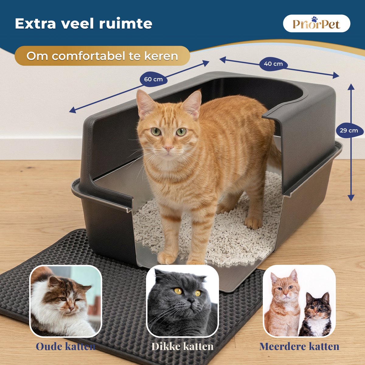 Productfoto 1 van Kattenbak RVS XXL Zwart – Gemakkelijk schoon te maken – Geurvrij, Lekvrij en Vlekvrij – 38L Inhoud – Roestvrijstalen Kattentoilet met hoge rand – Met Schep & Gritopvangmat – 60,5 × 40,5 × 29 cm