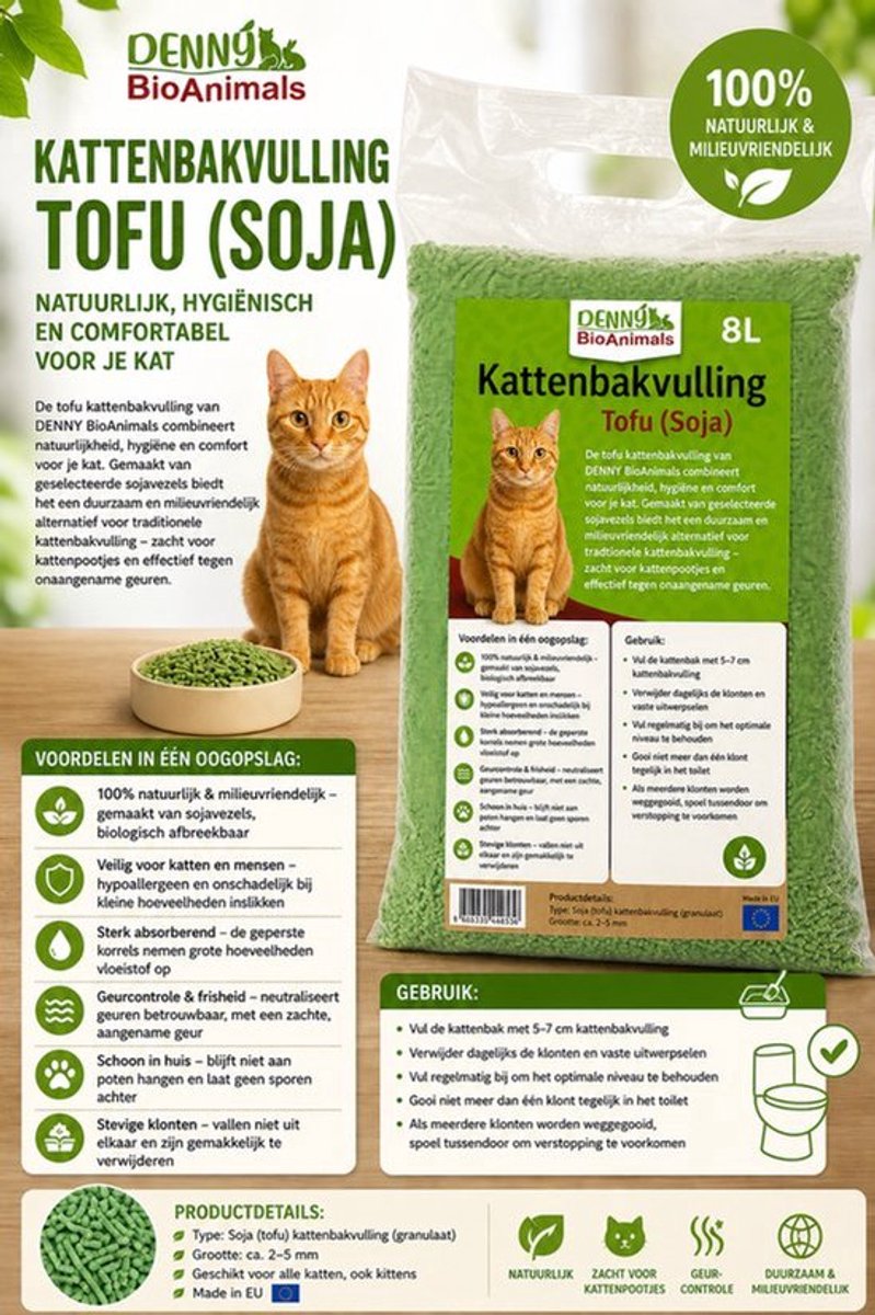 Productfoto 1 van Voordeelpakket 3×8L Denny BioAnimals Tofu Kattenbakvulling 8L – Biologisch Afbreekbaar – Klontvormend – Stofvrij – Geur neutraliserend